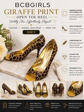 BCBGIRLS Leather Animal Hair Printed Giraffe Open Toe Heel 9